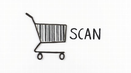 A barcode forming the shape of a shopping cart on a solid white background, with the word 