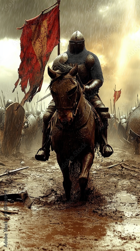 Medieval Knight on Horseback Leading Warriors into Battle with Red Flag ...
