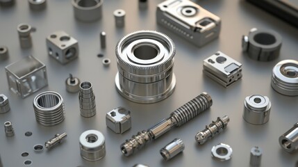 Poster - A close-up view of assorted metallic machine parts arranged on a surface, showcasing a variety of precision-engineered components for manufacturing and engineering applications.