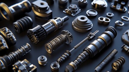 Poster - A Diverse Collection of Precision Mechanical Components and Parts for Industry and Engineering Applications, Featuring Various Textures and Finishes in Close-Up View