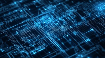 Poster - Abstract Blue Technology Background with Glowing Lines and Digital Grid Patterns, Perfect for Illustrating Innovations in Science and Engineering Concepts
