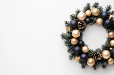 A chic Christmas wreath mockup with black, gold, and pearl embellishments for a festive holiday atmosphere.