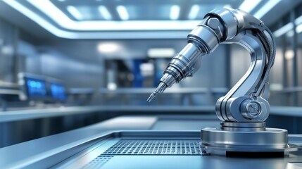 Poster - Advanced Robotic Arm in Modern Industrial Setting Showcasing Precision Engineering and Innovative Technology for Automation and Manufacturing Applications