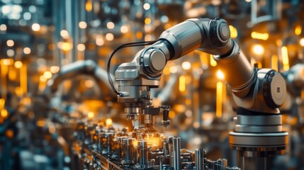 Poster - Advanced Robotic Arm Operating in Futuristic Automated Industrial Environment with High-Tech Machinery and Dynamic Lighting Effects
