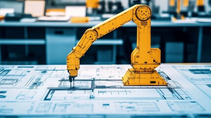 Poster - Automated Robotic Arm Engaging in Precision Engineering Tasks on Technical Blueprint in Modern Industrial Workspace with Advanced Technology Environment
