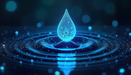 Poster - Digital blue water droplet icon with binary code. Represents sustainable water resource management using artificial intelligence, hydrology modeling. Shows environmental monitoring, analysis. Modern