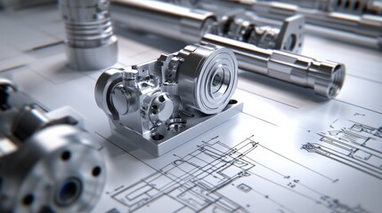 Poster - Detailed Close-Up of Engine Components on Technical Blueprint Background Showcasing Precision Engineering and Industrial Design Elements for Manufacturing and Mechanical Projects