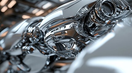 Poster - Close-Up of a Futuristic Metallic Robot Arm with Intricate Mechanisms Reflecting Light in a High-Tech Environment