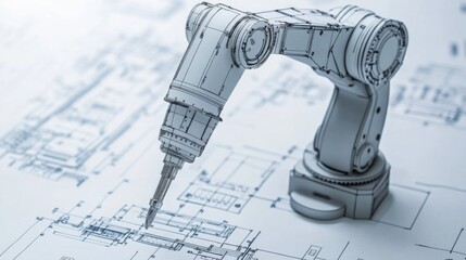 Poster - Close-Up of a Robotic Arm on Technical Drawings Illustrating Precision Engineering and Advanced Manufacturing Technologies for Futuristic Applications