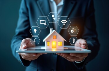 Wall Mural - businessperson presents smart home concept on tablet. model home glows with tech icons. wireless tec