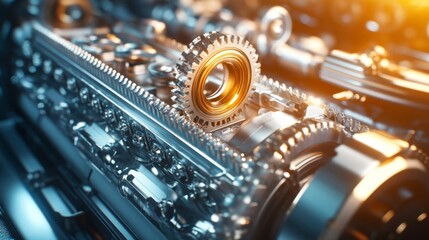 Poster - Close-Up of Intricate Engine Components Featuring Metallic Gears and Mechanical Parts in an Automotive Setting with Detailed Shiny Finish and Dynamic Lighting Effects