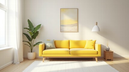 Wall Mural - A minimalist living room with a pastel yellow sofa, a white rug, and a simple wall art piece in soft colors