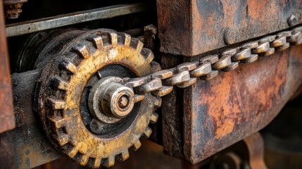 Poster - Close-Up of Rusty Industrial Gears and Chains Highlighting the Aging Mechanisms in a Vintage Machine for Mechanical Engineering or Industrial Photography