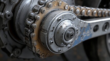 Poster - Close-Up of Vintage Bicycle Chain and Gear Mechanism with Detailed Texture and Rust, Showcasing Mechanic Design and Industrial Aesthetics for Transport Themes