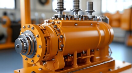 Poster - close-up view of a vibrant orange industrial engine component in a workshop setting, showcasing prec