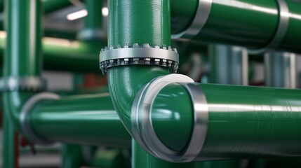 Poster - Close-Up View of Industrial Green Pipes with Metal Clamps in a Modern Facility Environment Showcasing Complex Pipework and Engineering Design Elements
