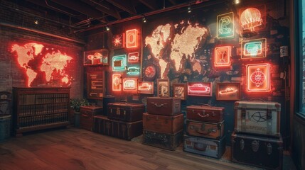 Wall Mural - Craft a neon display of travel object symbols, featuring illuminated