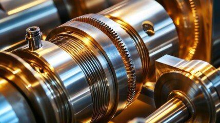 Poster - Close-up View of Industrial Machinery with Precise Metal Gears and Shafts Reflecting Light in a Modern Factory Setting