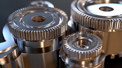 Poster - Close-up View of Interlocking Metallic Gears with Precision Engineering in Focus, Showcasing Intricate Details and Smooth Operating Surfaces Ideal for Technology Concepts
