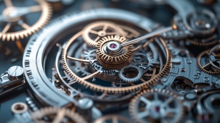 Poster - Close-Up View of Intricate Clockwork Mechanism Featuring Gears, Cogs, and Precision Engineering Elements, Illustrating the Art of Timekeeping and Mechanical Design