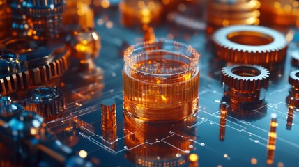 Poster - Close-up View of Intricate Mechanical Components with Glowing Orange Accents on a Circuit Board Surface Representing Advanced Technology and Innovation
