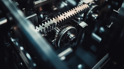 Poster - Close-Up View of Intricate Mechanical Gears and Cogs in Motion, Showcasing Industrial Precision Engineering and Innovative Technology in Modern Machinery