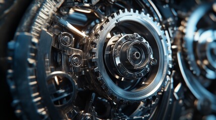 Poster - Close-Up View of Intricate Metal Gear Mechanism Showcasing Precision Engineering and Gleaming Metallic Surfaces in a Modern Industrial Context