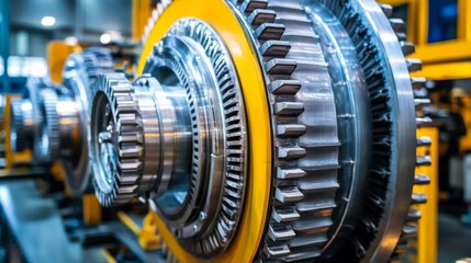 Poster - Close-Up View of Precision Engineered Gears in Industrial Factory Setting Showcasing Advanced Manufacturing Techniques and High-Quality Metal Work