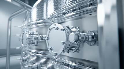 Poster - Close-Up View of Stainless Steel Industrial Equipment in a Modern Manufacturing Facility, Showcasing Precision Engineering and Advanced Design Features