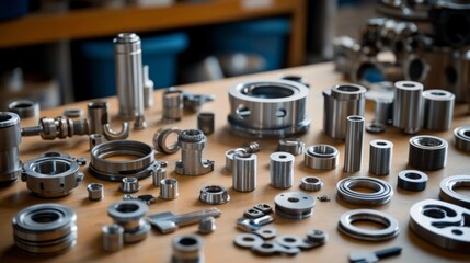 Poster - Close-Up View of Various Precision Metal Parts and Components Arranged on a Workbench in a Manufacturing Workshop Setting