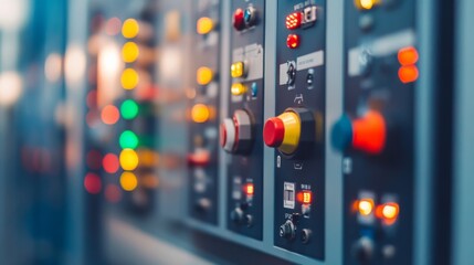 Poster - Control Panel with Colorful Lights and Buttons in Industrial Setting Showcasing Technology and Machinery Operations in Modern Engineering Environment
