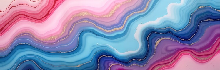Poster - Abstract marble design with flowing liquid patterns. Colorful swirls of pink blue, purple colors. Gold glitter lines add touch of sparkle. Intricate texture resembles beautiful fluid artwork.