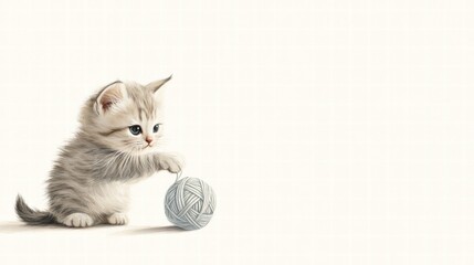 Poster - Cute kitten plays joyfully with a ball of yarn in a cozy indoor setting with plenty of space for text or design. Generative AI