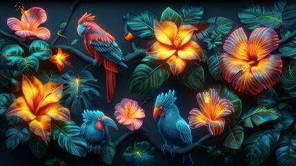 Poster - produce a neon set of jungle symbols, including shimmering tropical