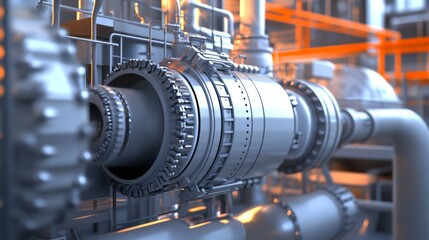 Poster - detailed close-up of industrial machinery components in a modern factory setting, featuring pipes, t