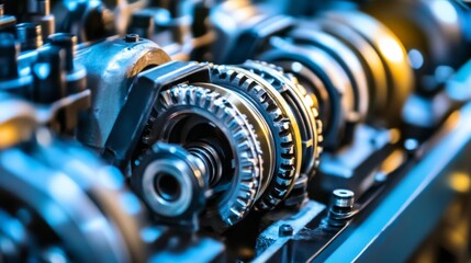 Poster - Detailed Close-up of Industrial Gears and Mechanical Parts in Engine Assembly Showcasing Precision Engineering and Advanced Manufacturing Techniques in Blue Light