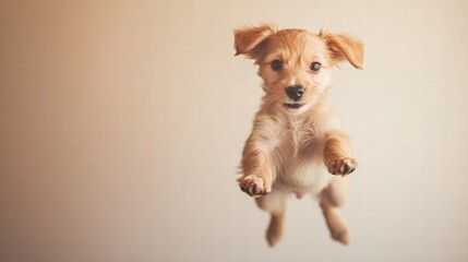 Poster - Joyful puppy leaps in mid air showcasing playful energy and excitement with clear background for text placement. Generative AI