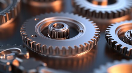 Poster - Detailed Close-Up of Interlocking Industrial Gears with a Reflective Surface Enhancing Depth and Texture in a Modern Mechanical Design Context