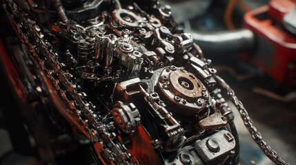 Poster - Detailed Close-Up of Intricate Mechanical Engine Components with Chains and Gears Showcasing the Complex Design of Automotive Engineering