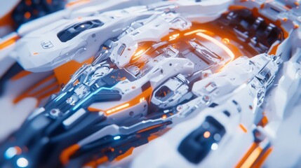 Poster - Detailed Futuristic Spaceship Design with Advanced Technology Elements in Orange and White, Showcasing High-Tech Aesthetics for Sci-Fi Visuals and Illustrations