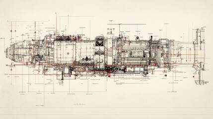 Poster - Detailed Technical Blueprint of an Industrial Engine with Precise Annotations and Diagrams, Showcasing Complex Mechanical Components and System Layouts