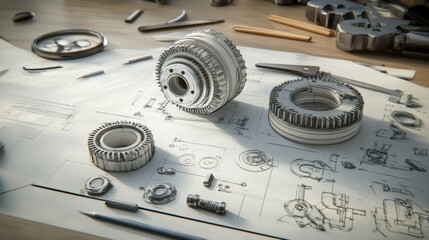 Poster - Detailed Technical Illustration of Mechanical Components on Blueprints with Precision Tools and Workspace Items in a Well-Lit Environment