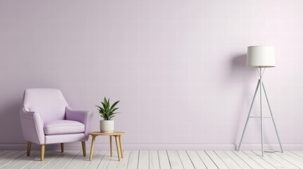 Wall Mural - An airy living space featuring a pastel lavender armchair, a small side table with a plant, and a floor lamp on a solid light background