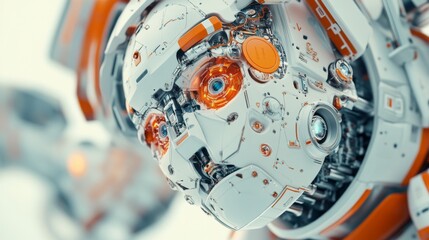Poster - Futuristic Close-up of a Robotic Face with Intricate Mechanical Details and Vibrant Orange Elements Highlighting Advanced Technology and Innovation