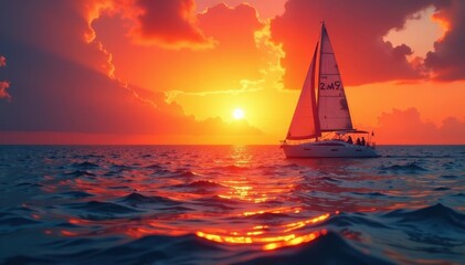 Wall Mural - Serene ocean sunset, sailboat silhouette, sunburst effect , ocean, serenity