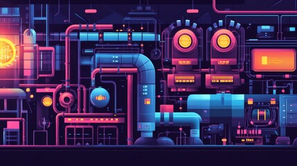 Poster - Futuristic Industrial Environment with Neon Lights and Complex Machinery Representing Advanced Technology and Innovation in a Digital Age