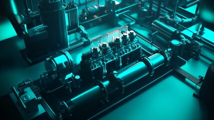 Poster - Futuristic Industrial Machinery Close-up View with a High-Tech Design Featuring Pipes and Controls in a Glowing Blue Lighting Environment for Modern Engineering Concepts