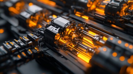 Poster - Futuristic Machinery with Glowing Orange Elements Showcasing Intricate Mechanics and High-Tech Design for Modern Technology Aesthetics in Digital Art
