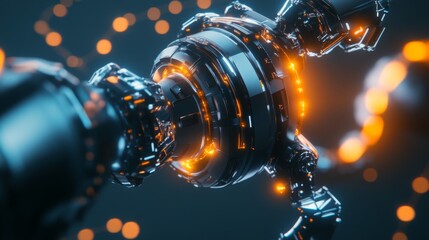 Poster - Futuristic Mechanical Sphere with Glowing Orange Accents in an Abstract Digital Environment Showcasing Advanced Technology and Robotics Concept