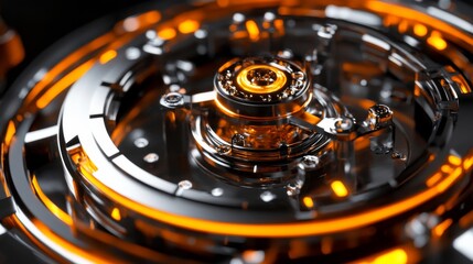 Poster - Futuristic Metallic Gear with Glowing Orange Accents in a High-tech Background Showcasing Advanced Technology and Innovation in a Sleek Modern Design
